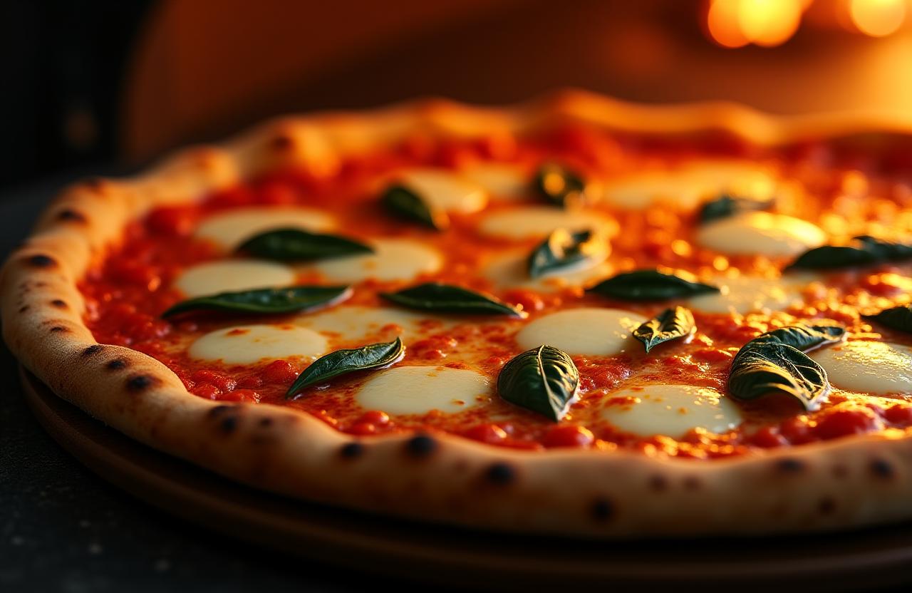 뜨거운 화덕에서 갓 나온 도마 피자의 시그니처 피자 (Doma Pizzeria's signature pizza fresh from the hot oven)